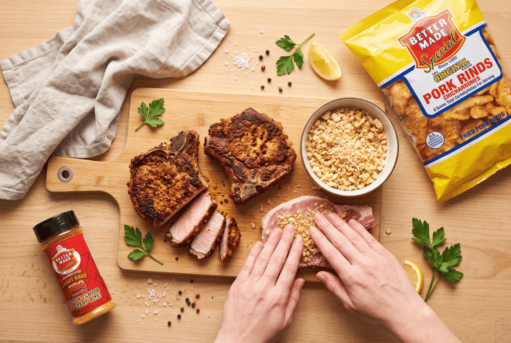 Pork Rind Crusted Pork Chops